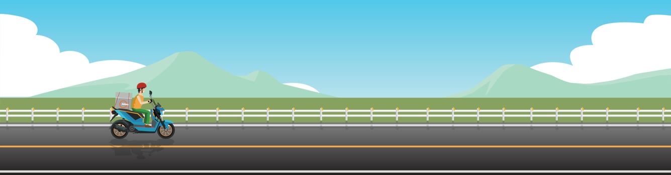 Motorcycle rider delivers food on an asphalt road. Driving on country road with road barrier. Background of mendow and mountain under blue sky. Copy Space Flat Vector. vector