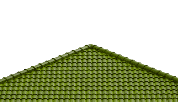 Green roof tiles in fern or dark moss color tones on transparent background, Png file