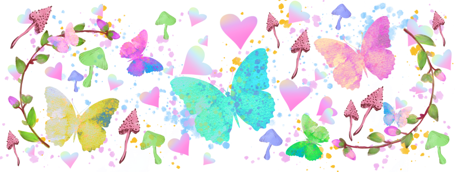 Watercolour pattern, wallpaper with butterfly, mushrooms, hearts, flowers. Nature background, png