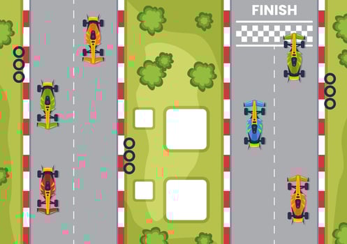 Formula Racing Sport Car Reach on Race Circuit the Finish Line Cartoon Illustration to Win the Championship in Flat Style Design vector