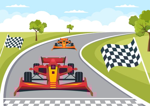 Formula Racing Sport Car Reach on Race Circuit the Finish Line Cartoon Illustration to Win the Championship in Flat Style Design vector