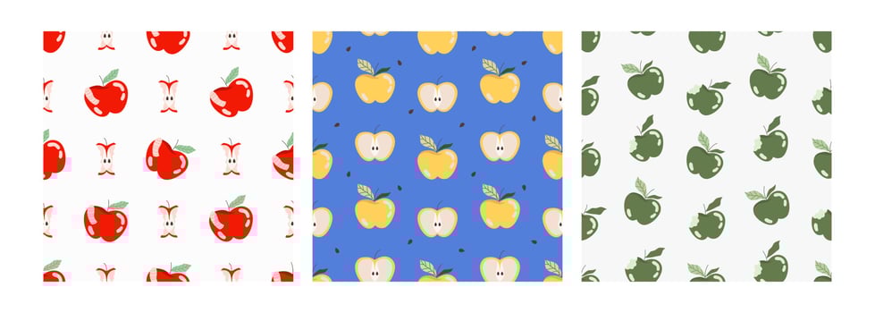 Set of colorful whole, bitten apples with seeds pattern. Fresh juicy fruit. Eco friendly. Organic healthy background. Fruit pattern design for web, print. Hand drawn modern summer illustration vector