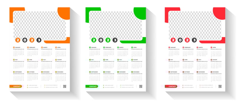 2023 wall calendar design template  with red, green and orange color vector