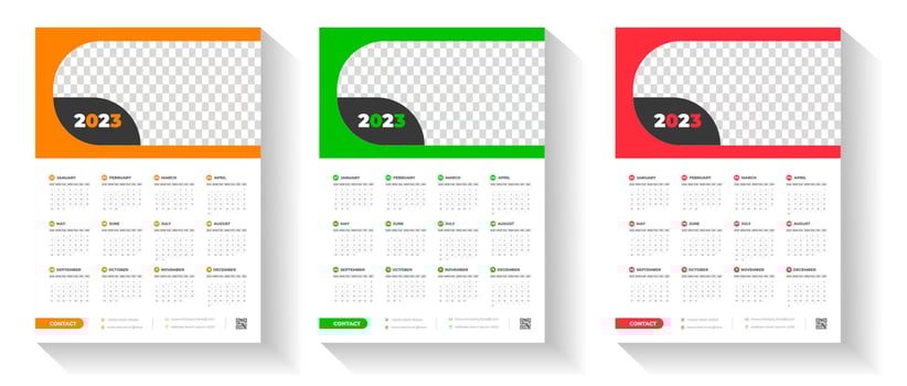 2023 wall calendar design template  with red, green and orange color vector