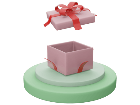 Pink gift box opened with red ribbons on green circle stand isolated. 3d illustration render open surprise box. Realistic vector icon for birthday presentation or wedding banners2 png