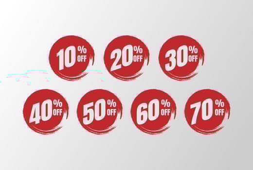 Sale tags set vector badges template with percent sale label symbols, discount promotion flat icon clearance sale sticker emblem red grunge brush