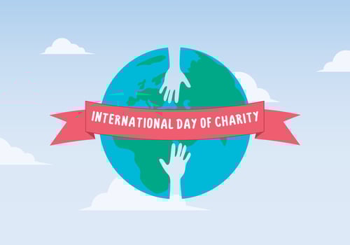 International day of charity banner poster on september 5 th with hand in hand on earth globe on blue background vector