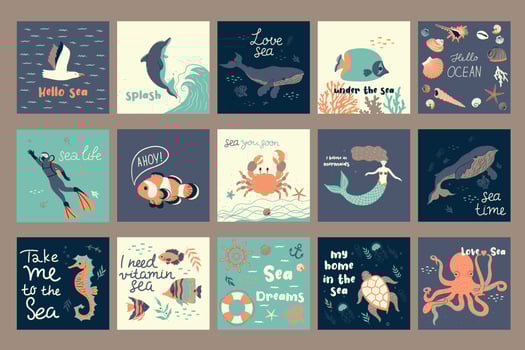 Collection of marine cards or posters with various marine animals, seashells, seaweed, aquatic plants. Vector graphics.