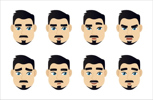 Adult Young handsome man emotions set. Blue eyed brunette men with with a mustache and beard vector