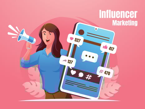 a woman screaming with megaphone and smartphone influencer marketing concept vector