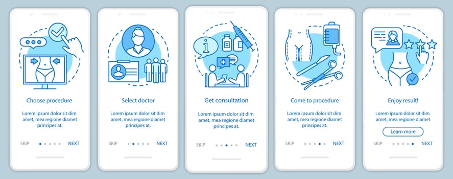 Plastic surgery center treatment procedure onboarding mobile app page screen with linear concepts. Five walkthrough steps graphic instructions. UX, UI, GUI vector template with illustrations
