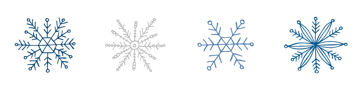 A set of hand-drawn snowflakes. Vector illustration in doodle style. Winter mood. Hello 2023. Merry Christmas and Happy New Year. Blue and gray elements on a white background.