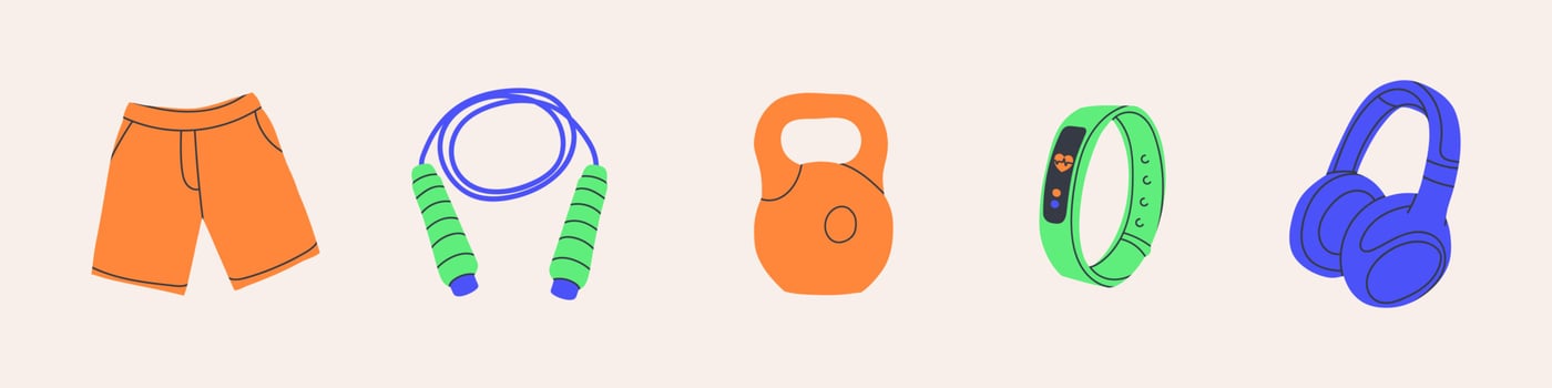 Set of sports accessories. Clothing and equipment for sports. Flat Vector Illustration