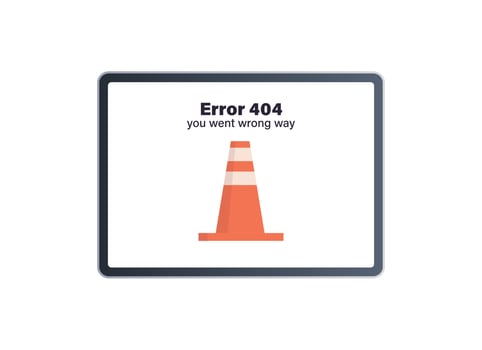 404 not found error message and internet connection problem on tablet pc flat vector illustration.