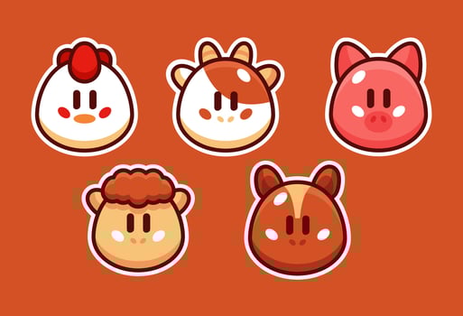 cute farm animal head cartoon illustration set vector