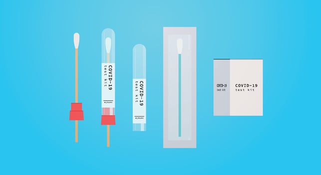 Vaccine bottle and coronavirus pandemic test flat vector illustration.
