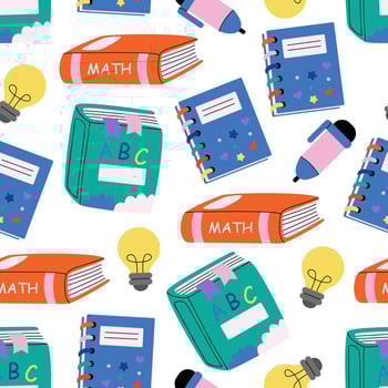 Children's cute colourful stationery pattern. School supplies background. Books, notebook with stickers, pen, primer, lamp. Back to school. For wallpapers, textile, fabric, web banner, wrapping paper. vector
