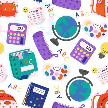 Children's cute colourful stationery pattern. School supplies background. Backpack, calculator, book, globe, pencils case. Back to school. For wallpapers, textile, fabric, web banner, wrapping paper. vector