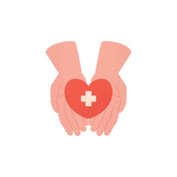 Helping hands giving heart in modern flat style. World Organ Donation Day. Charity, health, voluntary, nonprofit organization. Blood donation, sharing love for needy. Advert social care. vector