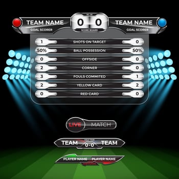 Scoreboard broadcast statistic for soccer football league world tournament with stadium background vector