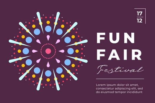 Amusement park festive minimal trendy horizontal poster with fireworks explosion on dark sky. Carnival funfair minimalistic creative flyer with firework. Holiday fun fair festival flat eps card vector