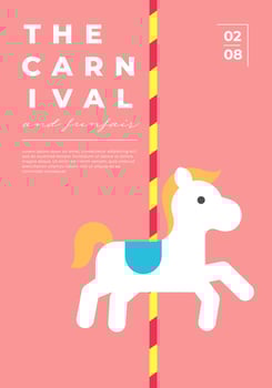 Amusement park festive minimal trendy vertical poster with merry-go-round. Carnival funfair minimalistic creative design banner with children attraction carousel. Fun fair festival flat eps placard vector