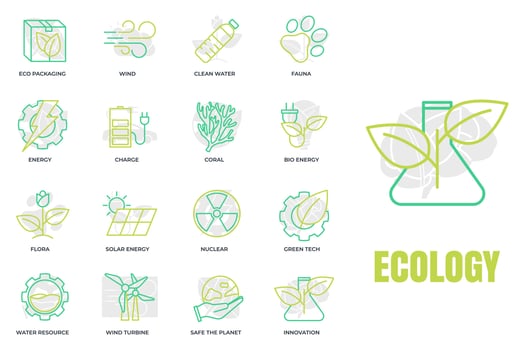 Set of Environmental ecology icon logo vector illustration. Eco friendly pack. solar energy, wind turbine, nuclear, water resource and etc symbol template for graphic and web design collection