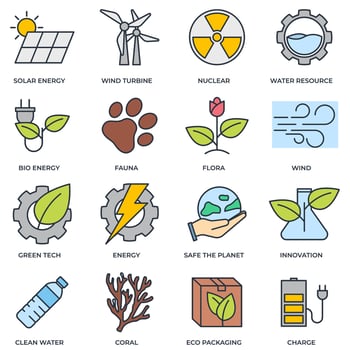 Set of Environmental ecology icon logo vector illustration. Eco friendly pack. solar energy, wind turbine, nuclear, water resource and etc symbol template for graphic and web design collection