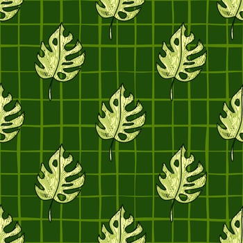 Scribble monstera leaves tropical seamless pattern. Hand drawn exotic hawaiian jungle backdrop. Rainforest background. vector