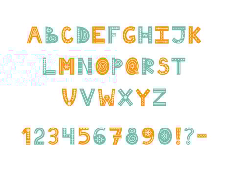 Colorful Scandinavian ornate alphabet with florals and lines. Folk font with letters, numbers and punctuation marks. Latin alphabet in Scandinavian style. vector