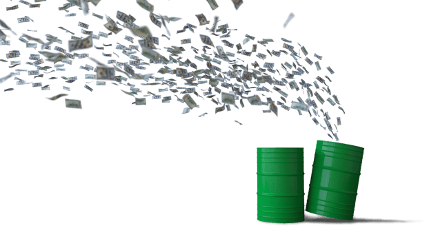 Mockup of 3d rendering image of 100 dollar bank notes flying to oil tank png