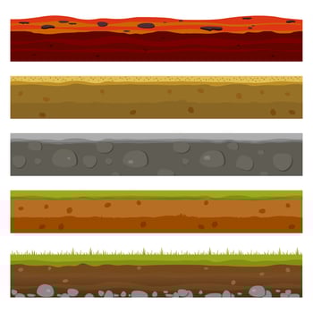 Soil, earth and underground layers, cartoon seamless game levels. Vector cross section view of natural earth texture with mud, pebbles, green grass and water.