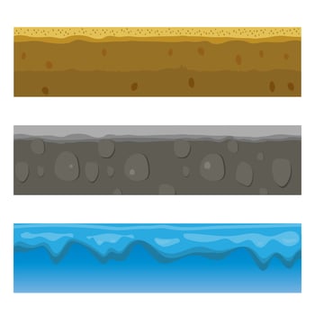 Soil, ground, and underground layers, cartoon seamless game levels. Vector cross-section view of natural earth texture with mud, pebbles