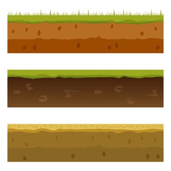 Soil, ground, and underground layers, cartoon seamless game levels. Vector cross-section view of natural earth texture with mud, pebbles