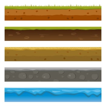 Soil, ground, and underground layers, cartoon seamless game levels. Vector cross-section view of natural earth texture with mud, pebbles, green grass, and water.