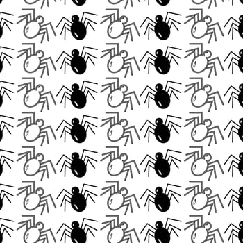 Seamless pattern of spiders with contour drawing elements. Abstract background. Repeating texture. vector