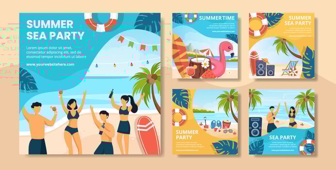 Summer Party Social Media Post Template Flat Cartoon Background Vector Illustration