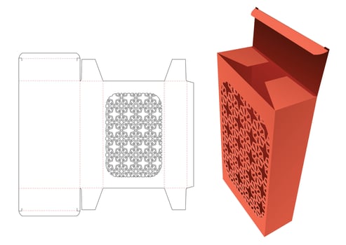 Cardboard box with stenciled pattern window die cut template and 3D mockup vector