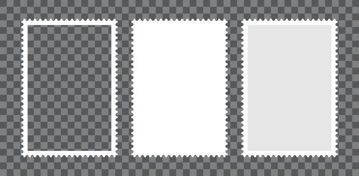 Postage stamp frames set. Empty border template for postcards and letters. Blank rectangle and square postage stamps with perforated edge. Vector illustration isolated on background