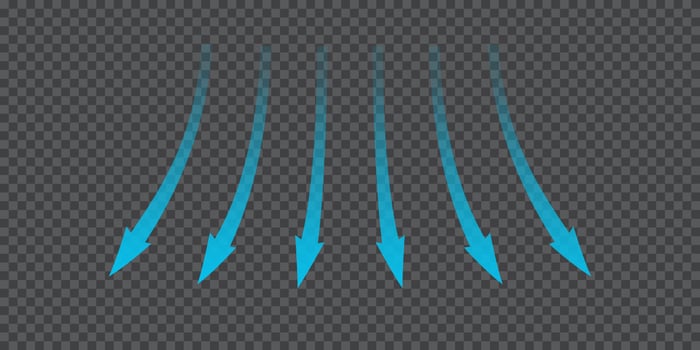 Air flow. Blue arrows showing direction of air movement. Wind direction arrows. Blue cold fresh stream from the conditioner. Vector illustration isolated on  background
