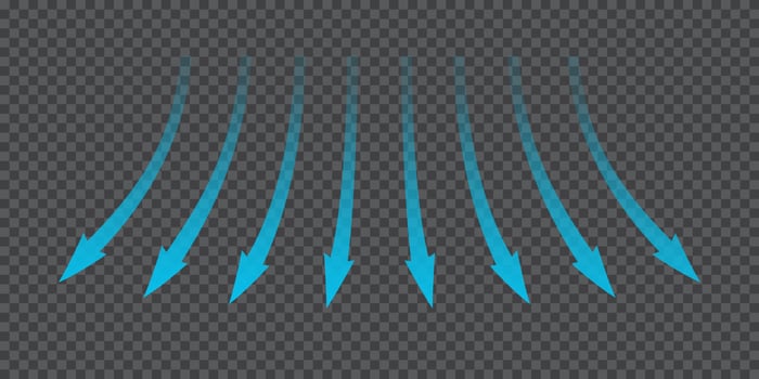 Air flow. Blue arrows showing direction of air movement. Wind direction arrows. Blue cold fresh stream from the conditioner. Vector illustration isolated on background