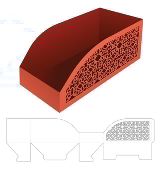 Curved edge tray with stenciled pattern die cut template and 3D mockup vector