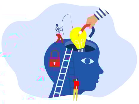 Hand stealing idea light bulbs from head withTheft of ideas and lies. Crime and copyright infringement, Idea concept Cartoon flat vector illustration