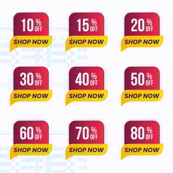sale tag badge with different discount set. up to 10,15,20,25,30,40,50,60,70,80 percent off vector