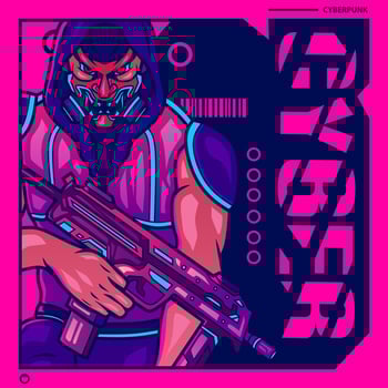 Samurai man wear gun cyberpunk art style. Colorful fiction design with dark background. Abstract vector illustration.