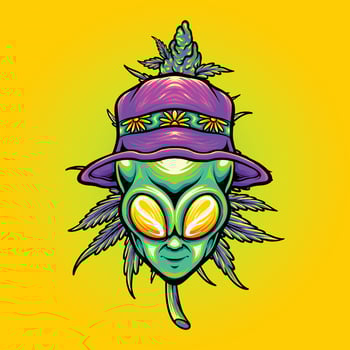 Summer alien head with weed leaf plant Vector illustrations for your work Logo, mascot merchandise t-shirt, stickers and Label designs, poster, greeting cards advertising business company or brands.