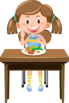 Cute girl cartoon character eating breakfast vector