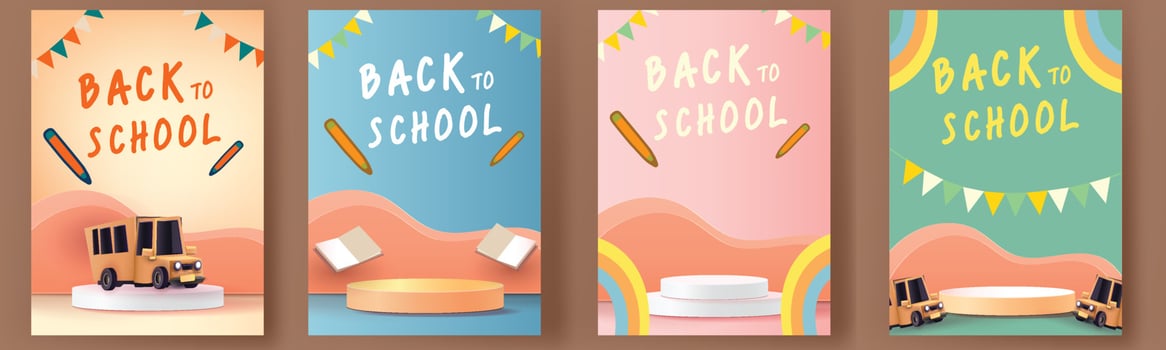 back to school colorful podium with school bus yellow and book elearning vector