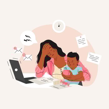 Tired african american Mom trying to Work, holding baby in her arms. Professional Mom, maternity and job. Hand drawn style, vector illustration.