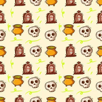 cute seamless pattern background halloween with ghost, pumpkin, witch hat vector